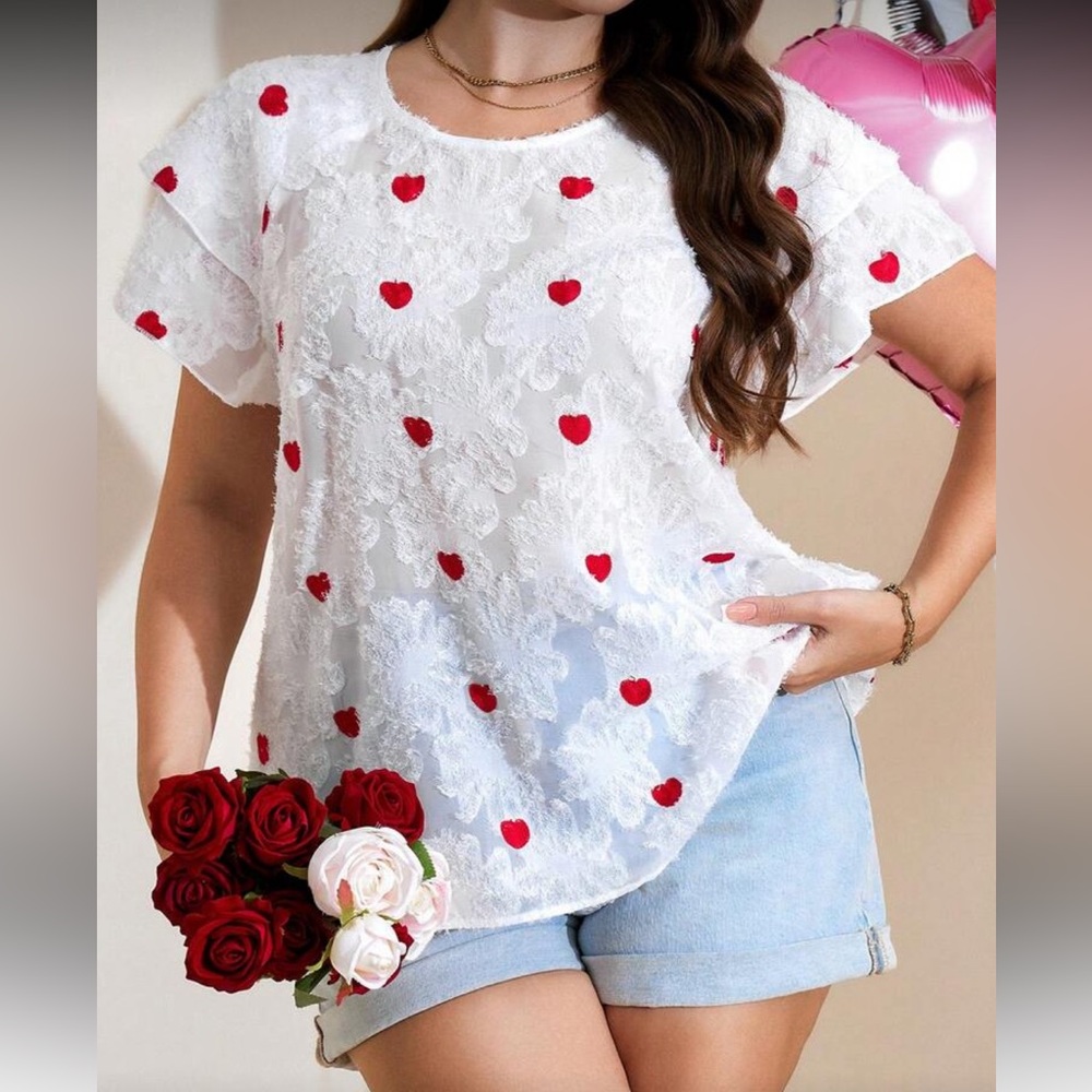 Plus Size White Lace Red Heart Embroidered Valentine Day Top Blouse Shirt